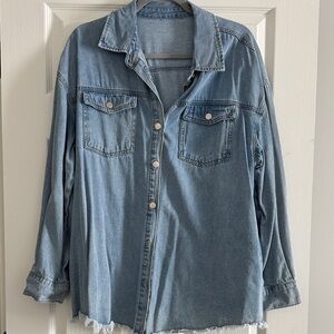 Light Blue Denim Button Jacket with Raw Hem
